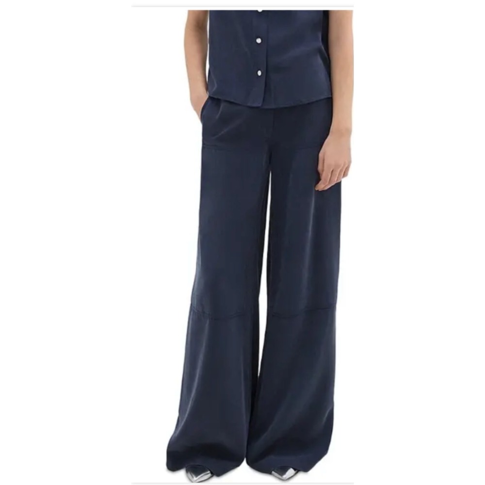 Theory Wide Leg Cargo Pants Womens 00 Navy Fluid Lyocell High Rise Full Length